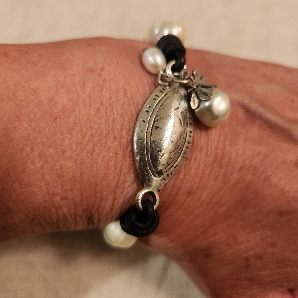 Handmade Freswater Pearls,silver, and Black Leather Bracelet. NEW